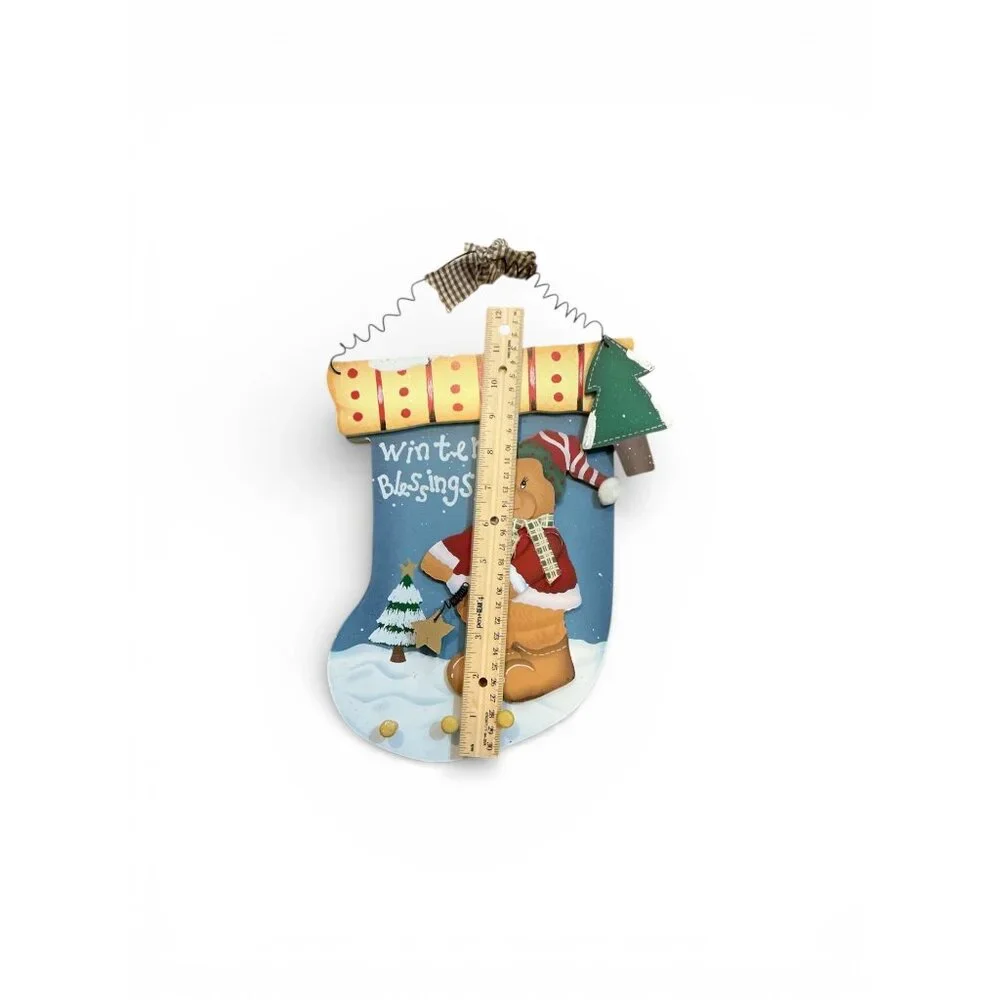 Christmas Winter Blessings Decorative‎ Wooden Stocking Wall Hanging With Bear